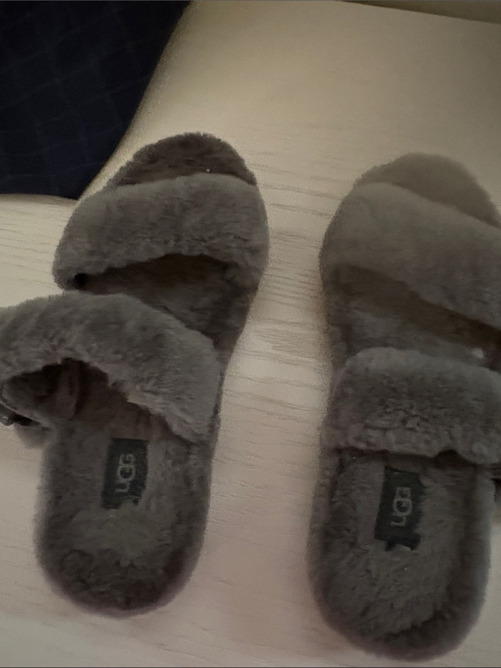 UGG Women's Grey Plush Double-Band Slide Slippers
